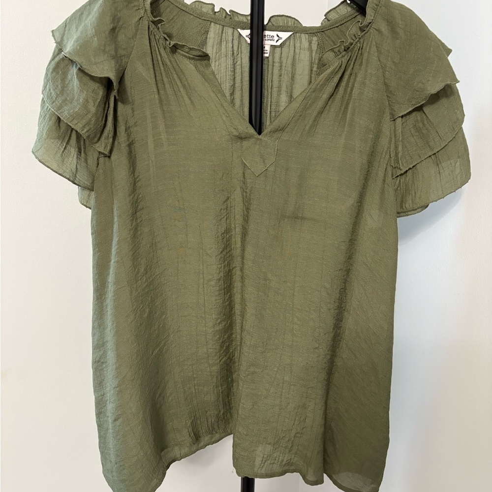 Nanette Lepore Tiered Ruffle Sleeve Boho Blouse - Prairie Sage Green - Size M - Picture 2 of 5